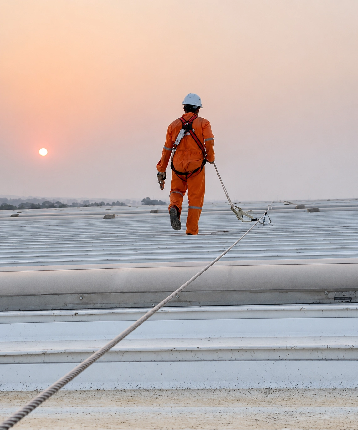 Worker walking with horizontal fixed line on rooftop